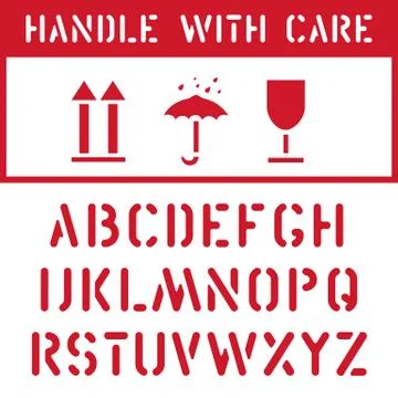 Fragile, keep dry, top cargo cardboard box icon stamp set and label font for Stock Illustration