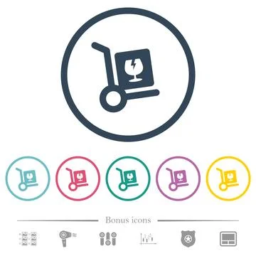 Fragile parcel delivery solid flat color icons in round outlines Illustration