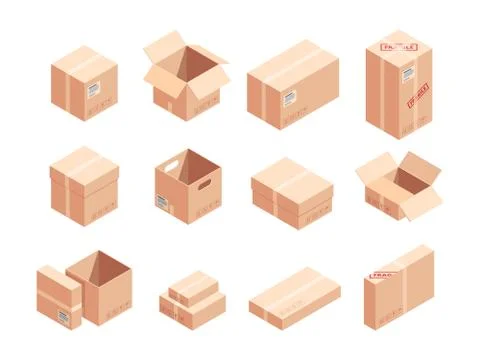 Fragile parcels isometric 3D vector illustrations set Stock Illustration