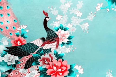 Fragment of beautiful silk fabric with the image of flowers and a peacock. Stock Photos