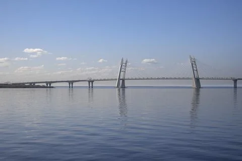 A fragment of a cable-stayed bridge across the Ship Fairway. Saint Petersburg Stock Photos