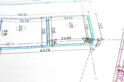 Fragment of a construction drawing on white paper. Stock Photos