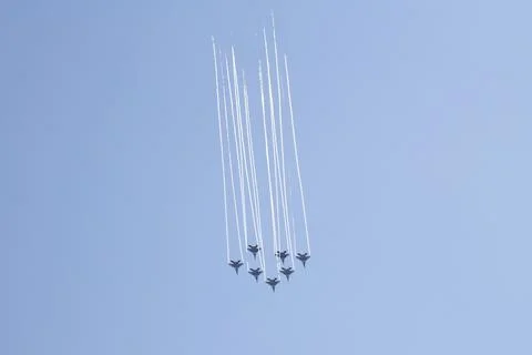 A fragment of the demonstration flight program of the Strizhi aerobatic team Stock Photos