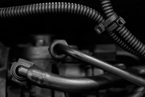 Fragment of diesel engine. Diesel engine. Engineering solutions. The motor of 库存照片