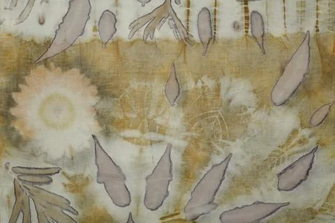Fragment of hand-dyed fabric using eco-print technique Stock-Fotos