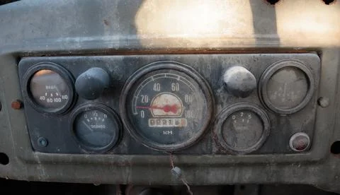 A fragment of the instrument panel, typical of old models of Soviet cars. I.. Stock Photos