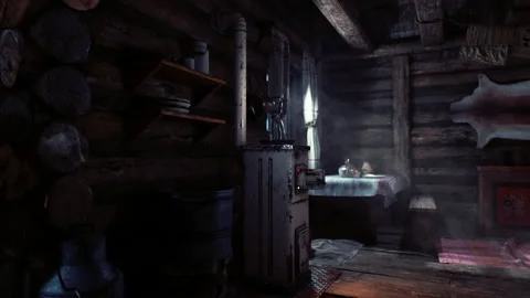 Fragment of the interior of an old peasant log cabin Stock Footage