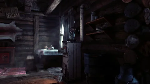 Fragment of the interior of an old peasant log cabin Stock Footage 176993350