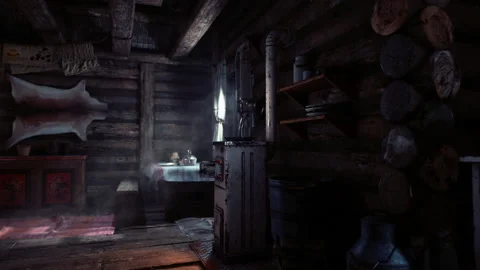 Fragment of the interior of an old peasant log cabin Stock Footage 194795476