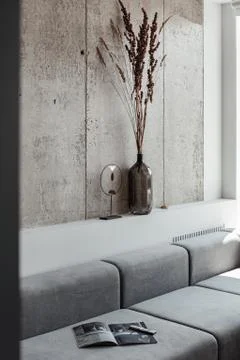 A fragment of the interior, a vertical frame with a grey sofa, a vase with dry Stock Photos