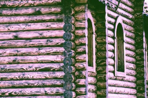 Fragment of a log house with elements of Russian architecture, wooden carvings 写真素材