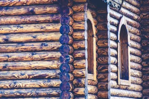 Fragment of a log house with elements of Russian architecture, wooden carving 写真素材