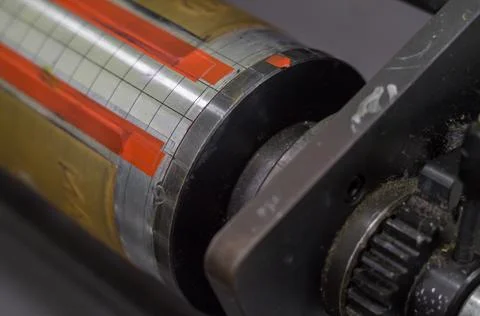 A fragment of the machine for sticking flexo forms on the cylinders of the Stock Photos