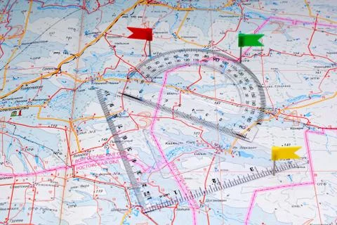 Fragment of a map with measuring tools Stock Photos