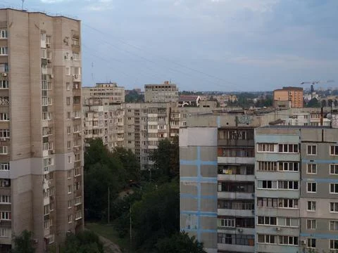 Fragment of a multi-storey building of Soviet architecture Stock Photos
