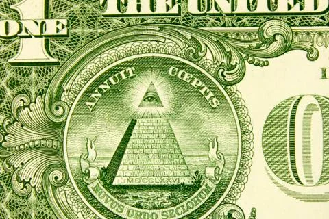 Fragment of  note is 1 US dollar,  pyramid, an all-seeing eye, Masonic signs. 스톡 사진