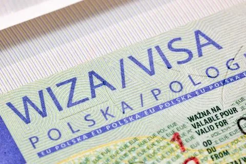 Fragment of Polish visa sticker affixed in passport, showing European Union e Stock Photos