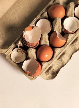 Fragment, shell halves of broken eggs in cardboard cells, top view, flat layo Stock Photos