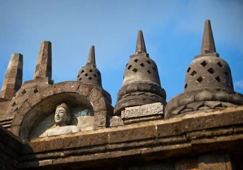 Fragment of stone borobudur temple in java, indonesia. Stock Photos