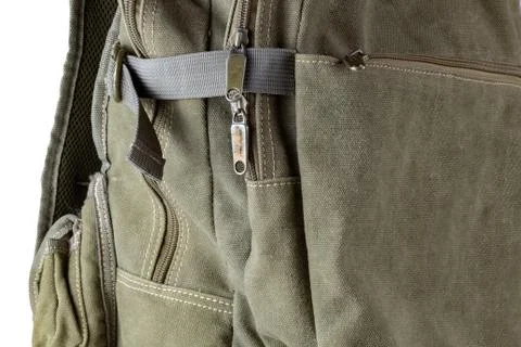 Fragment of a textile backpack with zippers and zippers. Stock Photos