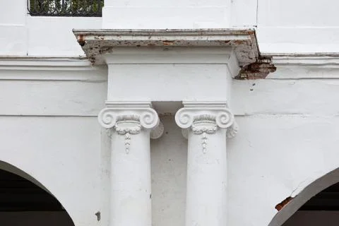 Fragment of white neoclassical bridge ionic columns Stock Photos