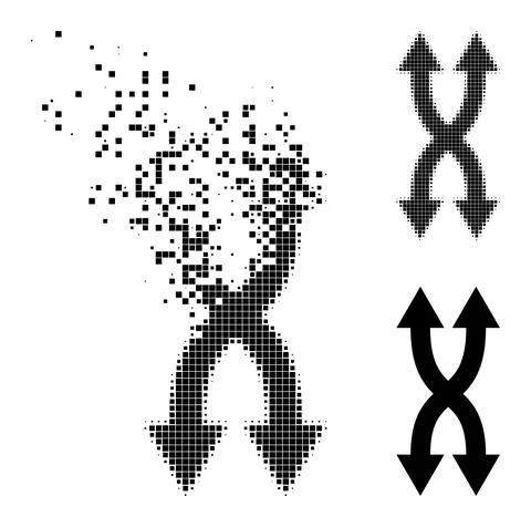 Fragmented and Halftone Pixelated Shuffle Arrows Vertical Glyph Stock Illustration