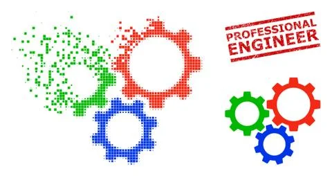 Fragmented Dot Gear Box Icon and Scratched Professional Engineer Seal Stamp Illustrazione stock
