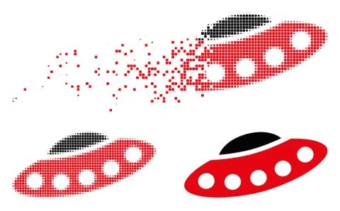 Fragmented Dot Halftone Alien Visitors Spaceship Icon Stock Illustration