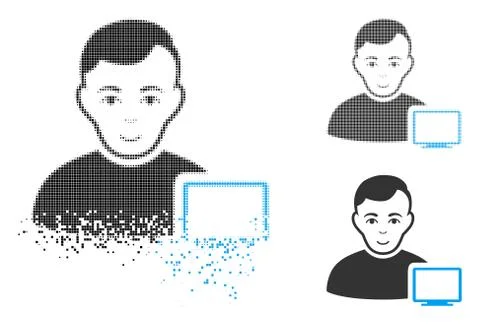 Fragmented Dot Halftone Computer Administrator Icon with Face Stock Illustration