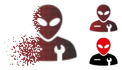 Fragmented Pixel Halftone Alien Mechanic Icon Stock Illustration
