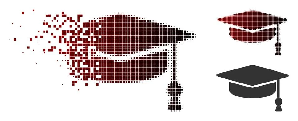 Fragmented Pixel Halftone Graduation Cap Icon Stock Illustration