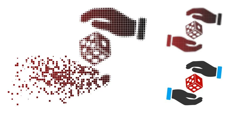 Fragmented Pixel Halftone Hands Throw Dice Icon Stock Illustration
