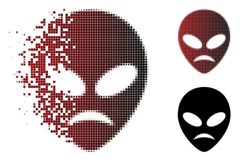 Fragmented Pixel Halftone Sad Alien Head Icon Stock Illustration