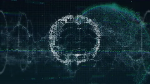 Fragmented polygonal brain in 3D render animating over grid with waveform data Stock Footage 309285917