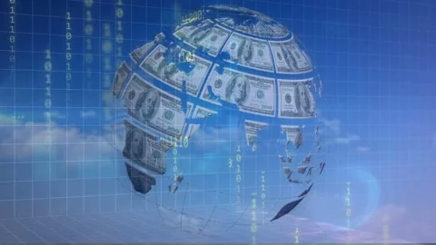 Fragments appearing and coalescing, globe assembling and rotating with bill Stock Footage 335651977
