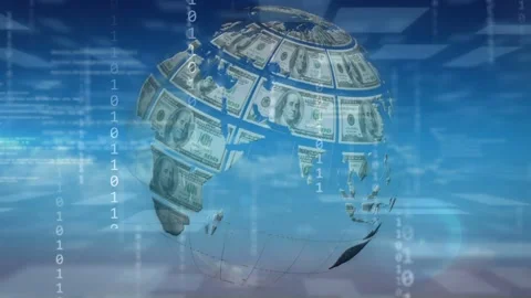 Fragments joining, dollar globe assembling and rotating while binary streams 動画素材 335651987