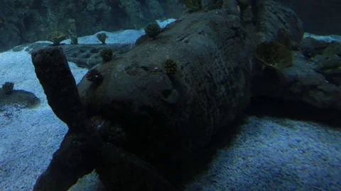 Fragments of old airplane lying under water Vídeo Stock 84654079