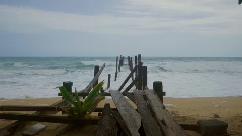 Fragments of the old pier Stock Footage 96513297