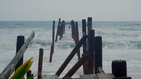 Fragments of the old pier Stock Footage 96513351