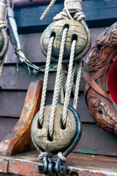 Fragments of rigging sailing ship Stock Photos