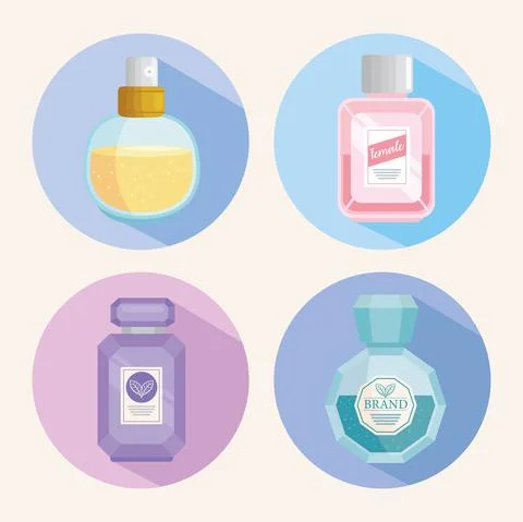 Fragrances bottles in round frames Illustrazione stock