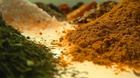 Fragrant, aromatic, natural and good for health, spices lie on the table. Macro Stock-Footage