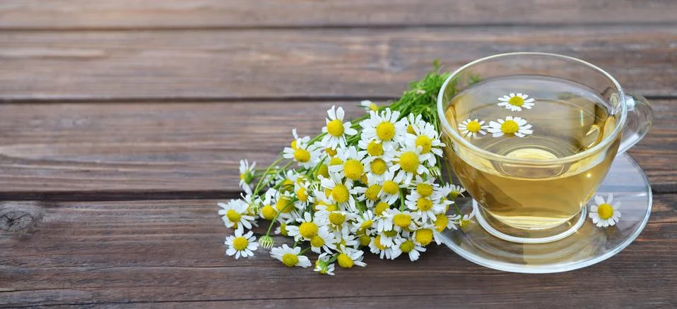 Fragrant chamomile tea in a glass cup and a bouquet of flowers Stock Photos