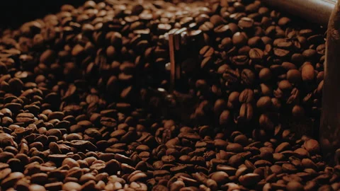 Fragrant coffee beans are roasted, hot aroma coffee seeds. Coffee production Stock Footage 273102066
