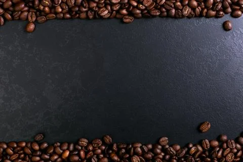 Fragrant coffee beans on rustic tabletop background. Banner copy space. Stock Photos
