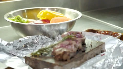 Fragrant Meat on the Hot Stone Stock Footage 132106677