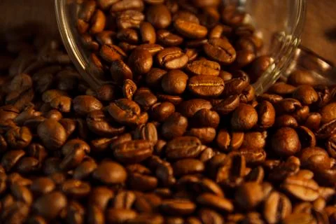 Fragrant roasted coffee beans brown and cup Stock Photos