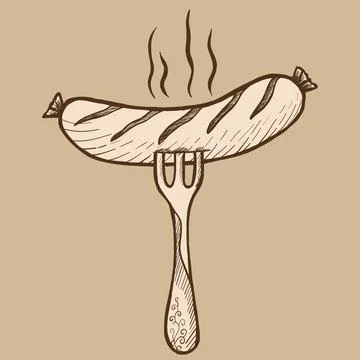 Fragrant sausage on a fork. Sketch scratch board imitation. Black and white. Stock Illustration