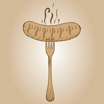 Fragrant sausage on a fork. Sketch scratch board imitation. Black and white. Stock Illustration