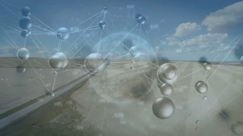 Frame 1 overlay appearing over desert, molecular network growing, forming globe, Stock Footage 331790006
